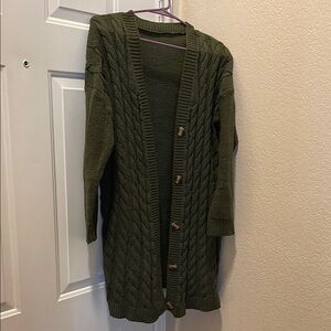 Olive Green Cable Knit Button-Front Women's Cardigan Sweater